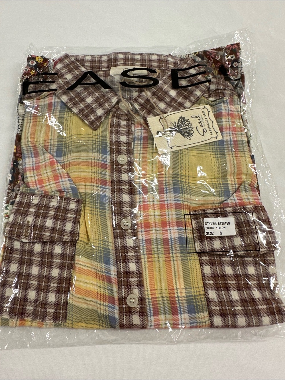 NWT EASEL Yellow Patchwork Oversized Plaid Floral Button Up Boho Top Tunic Small